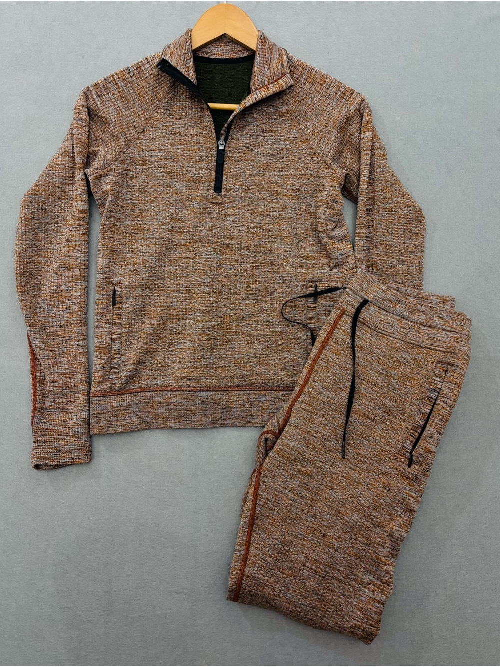 Matching Lululemon Sweatpants (4) and Quarter-zip Sweater (6) in Heathered Brown